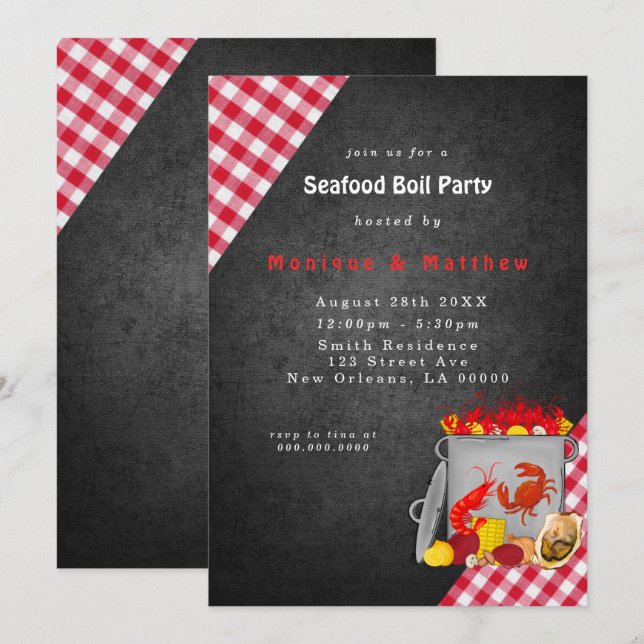 Convites Gingham Chalkboard Seafood Boil Party (Frente/Verso)