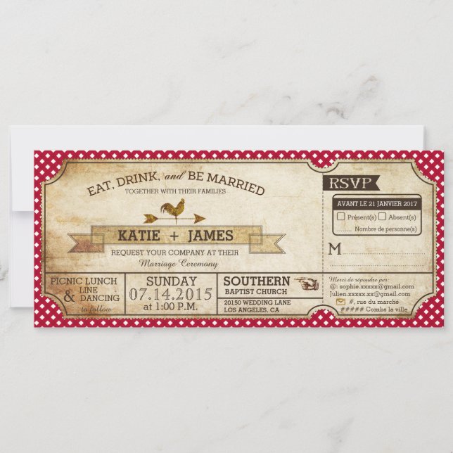 Convites Gingham Check Country Picnic Weding French (Frente)