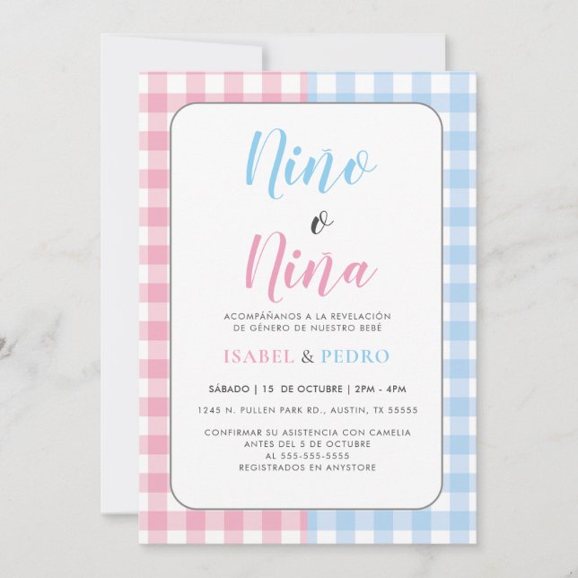 Convites Gingham Classic Nino o Nina Espanhol Revelação de  (Frente)
