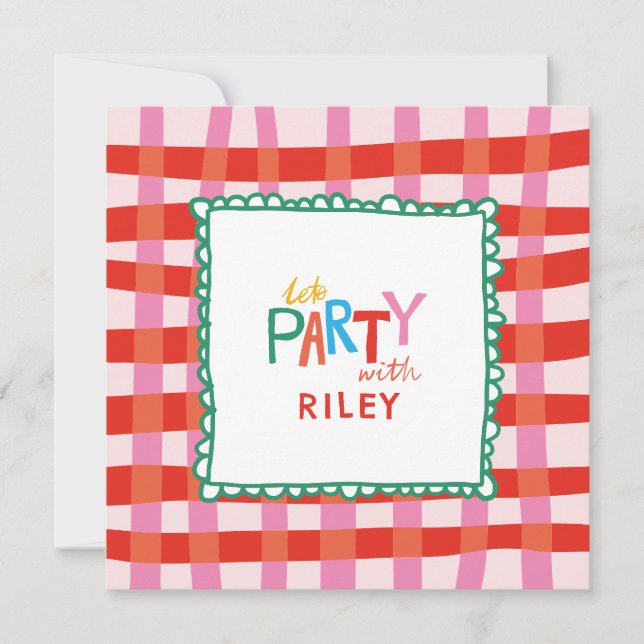 Convites Gingham Colorido "Vamos Festejar" Nome Personaliza (Frente)