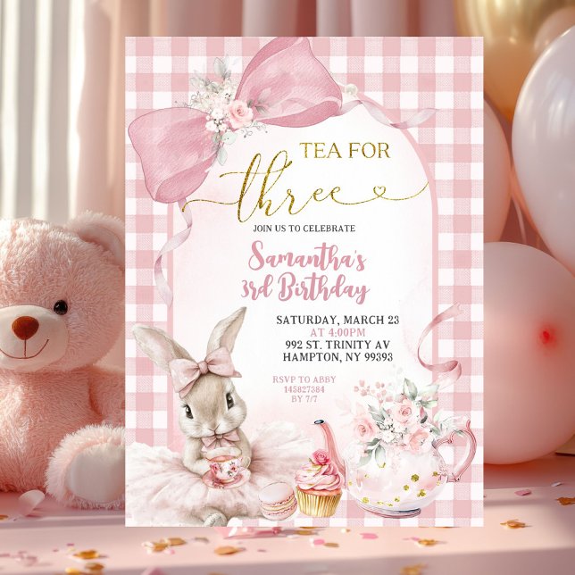 Convites Gingham Coquette Pink Floral Bunny Third Birthday (Criador carregado)