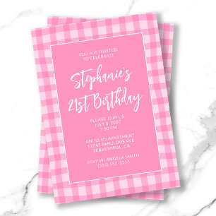 Convites Gingham Cor-de-Rosa Ondulado de Aniversário de 21