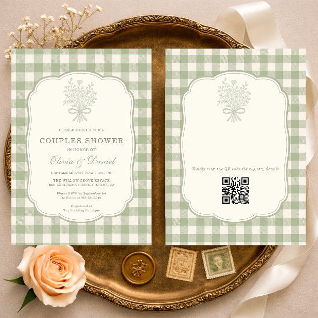 Convites Gingham Couples Shower Floral Bow QR Code (Criador carregado)