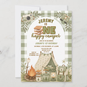 Convites Gingham de S'mores Verdes Garoto de Acampamento Fe