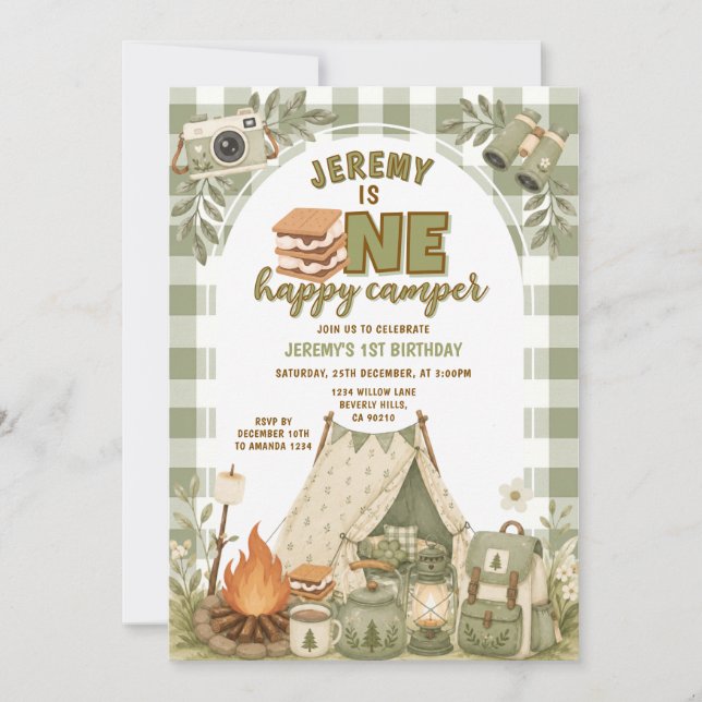 Convites Gingham de S'mores Verdes Garoto de Acampamento Fe (Frente)