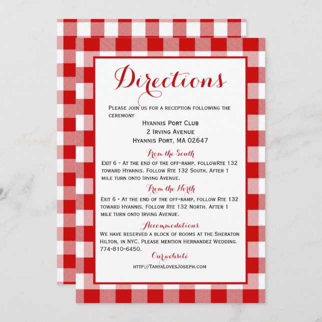 Convites Gingham Diretions Details Red White Check Weding (Frente/Verso)
