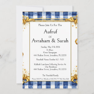Convites Gingham Dourado Azul Branco, Aufruf Judaico, Luxo