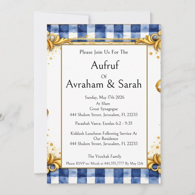 Convites Gingham Dourado Azul Branco, Aufruf Judaico, Luxo (Frente)