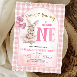 Convites Gingham Floral Ballerina Bunny First Birthday