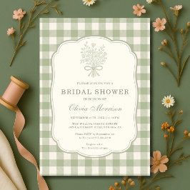 Convites Gingham Floral Bow Sage Green Bridal Shower