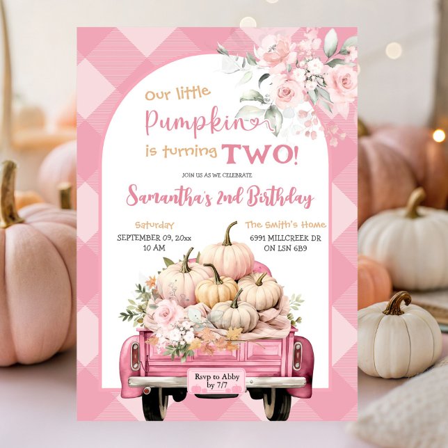 Convites Gingham Floral Fall Pumpkin Theme Birthday (Criador carregado)