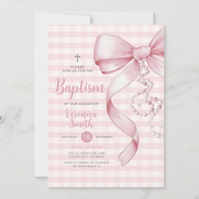 Convites Gingham Girl Baptism Pearm Arco Rosa Cross (Frente)