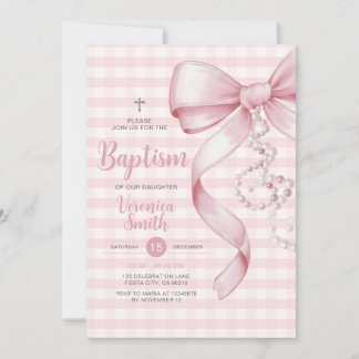 Convites Gingham Girl Baptism Pearm Arco Rosa Cross