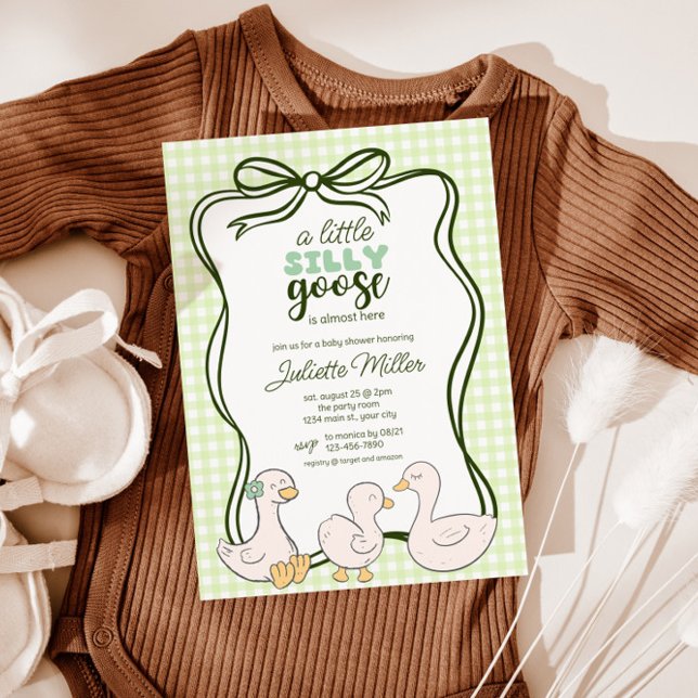 Convites Gingham Goose Gênero Chá de fraldas neutro (Goose Gender Neutral Gingham Baby Shower Invite)