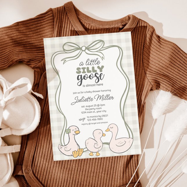 Convites Gingham Goose Gênero Chá de fraldas neutro (Beige Gingham Silly Goose Baby Shower Invite)