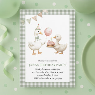 Convites Gingham Green Pato Cute Aniversário