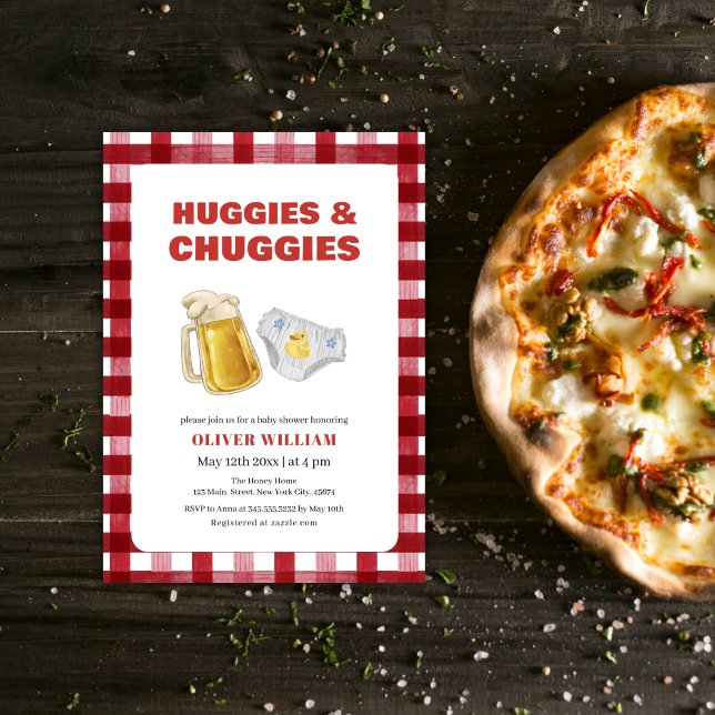 Convites Gingham Huggies Chuggies Beer & Diaper Baby Shower (Gingham Huggies Chuggies Beer & Diaper Baby Shower Invitation)