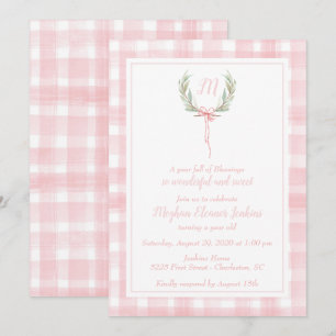 Convites Gingham Laurel Crest, Rosa, Primeiro Aniversário