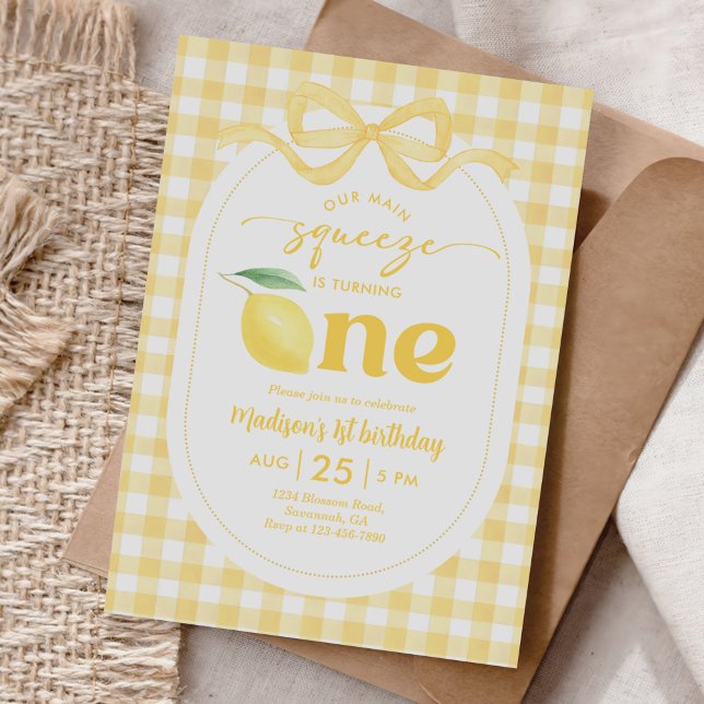 Convites Gingham Lemon, nosso primeiro aniversario principa (Criador carregado)