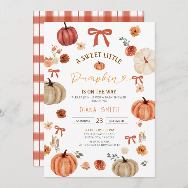 Convites Gingham Little Pumpkin Rustic Chá de fraldas Invit (Frente/Verso)