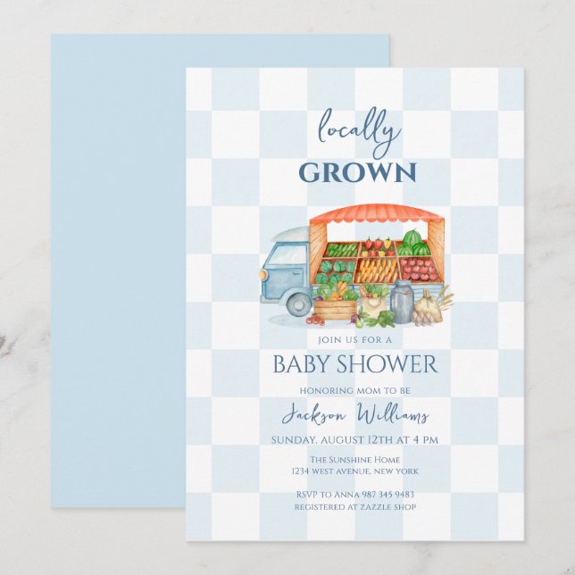 Convites Gingham Locally grown Veggies Truck Baby Shower (Frente/Verso)