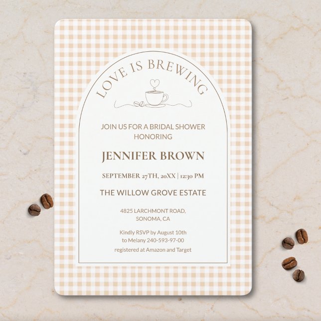 Convites Gingham Love Is Brewing Coffee Bridal Shower (Criador carregado)