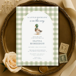 Convites Gingham Mallard Duck Bow Sage Green Baby Shower