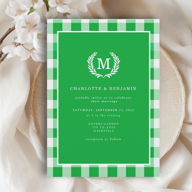 Convites Gingham Monograma Crest Verde (Green Gingham Monogram Crest Invitation. Print & Instant Download.)