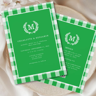 Convites Gingham Monograma Verde Crest Código QR