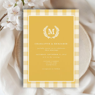 Convites Gingham Monogramas Crest Amarelo