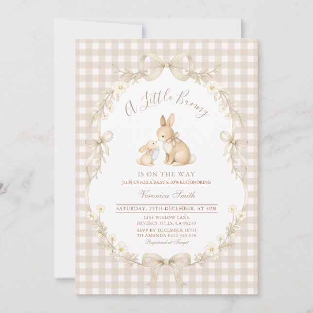 Convites Gingham Neutral Bunny Baby Shower Invitation (Frente)