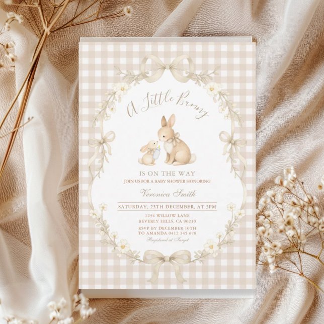 Convites Gingham Neutral Bunny Baby Shower Invitation (Criador carregado)