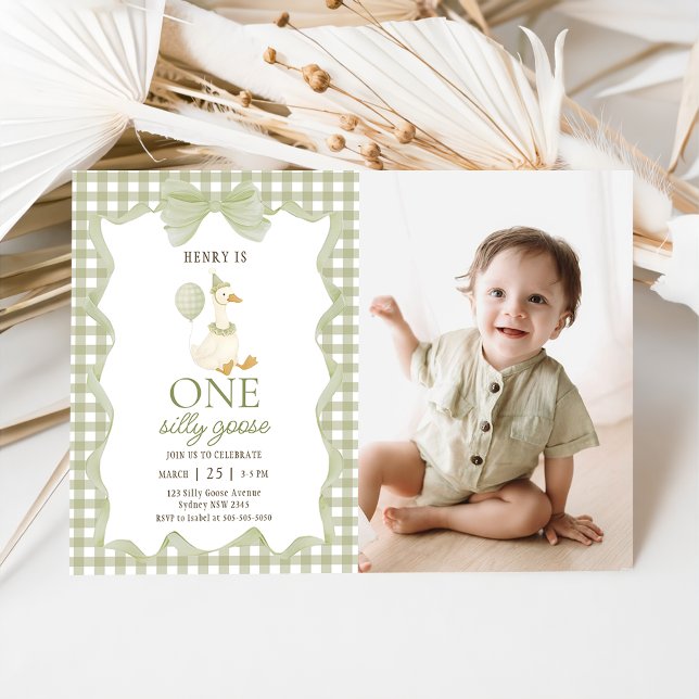 Convites Gingham One Silly Goose 1st Birthday Invitation (Criador carregado)