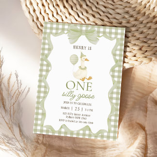 Convites Gingham One Silly Goose 1st Birthday Invitation