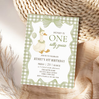 Convites Gingham One Silly Goose 1st Birthday Invitation
