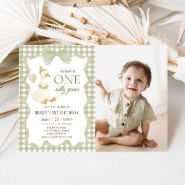 Convites Gingham One Silly Goose 1st Birthday Photo