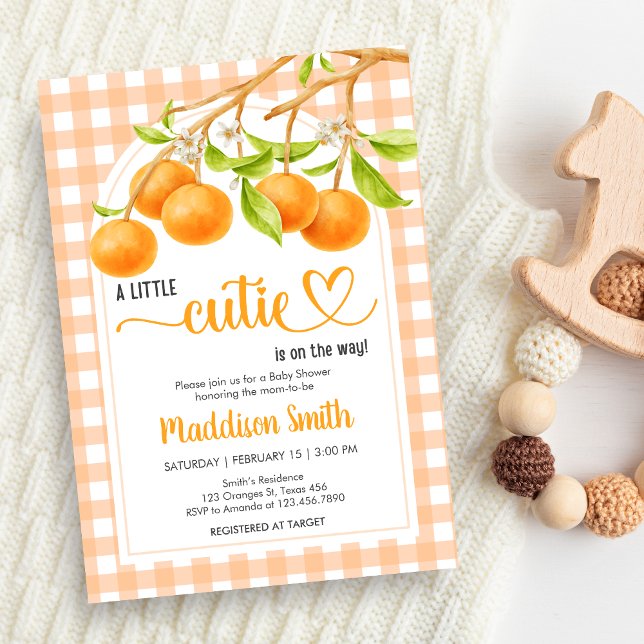 Convites Gingham Orange Baby Shower (Little Cutie Orange Baby Shower Invitation)