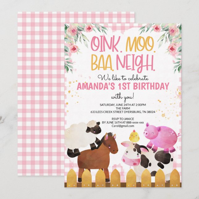 Convites Gingham-Pink-Animais da Fazenda Rapariga de Aniver (Frente/Verso)