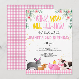 Convites Gingham Pink Farm Animal Garotas Aniversário Barn