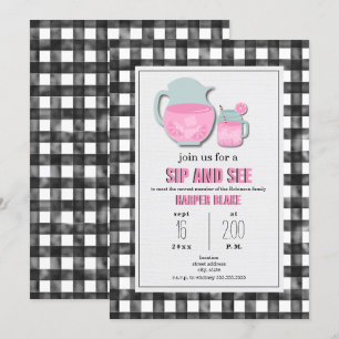 Convites Gingham Pink Lemonade Sip & See Baby Invance