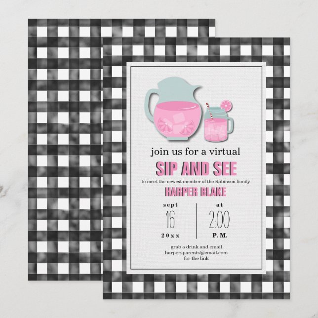 Convites Gingham Pink Lemonade Virtual Sip & See Baby (Frente/Verso)