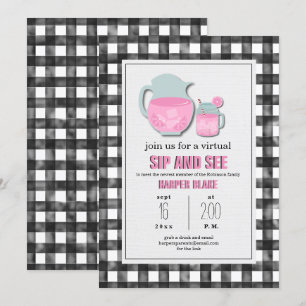 Convites Gingham Pink Lemonade Virtual Sip & See Baby