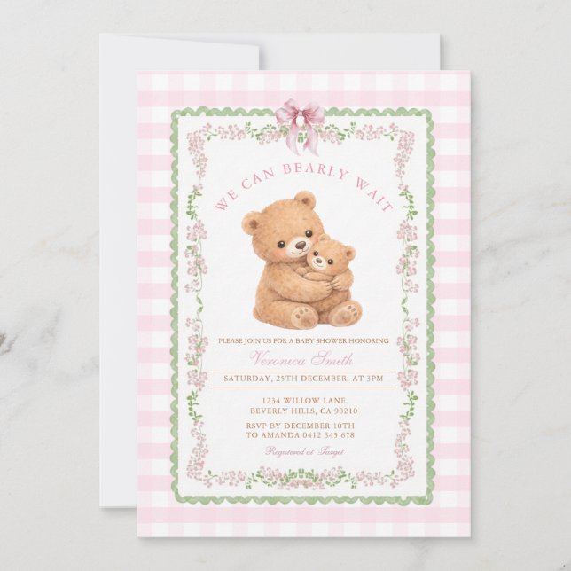 Convites Gingham Pink We can bearly wait Bear Baby Shower (Frente)