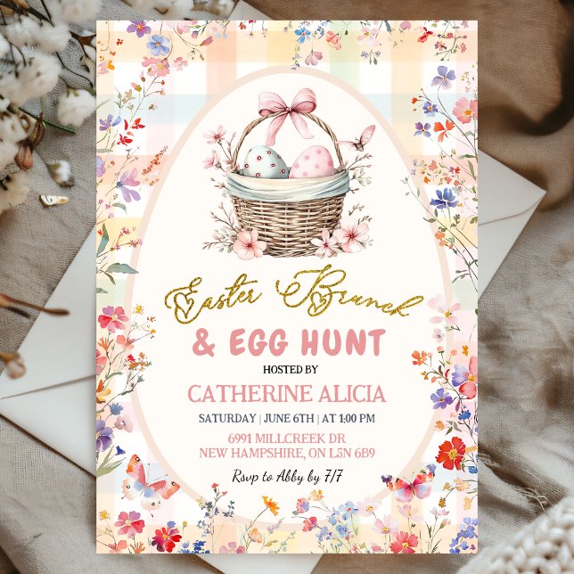 Convites Gingham Pink Wildflower Easter Egg Hunt and Brunch (Criador carregado)