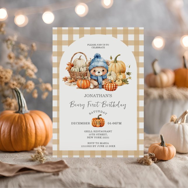 Convites Gingham Pumpkin - Beary First Birday (Criador carregado)