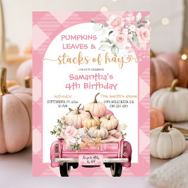 Convites Gingham Pumpkin Folhas e Pilhas de Hay Birthday