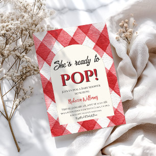 Convites Gingham Red Ela está pronta para Pop de Chá de fra