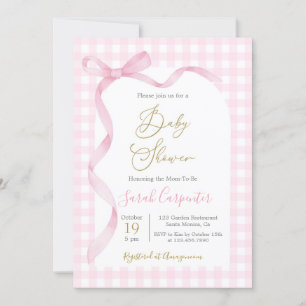 Convites Gingham rosa e Arco Chá de fraldas Girl