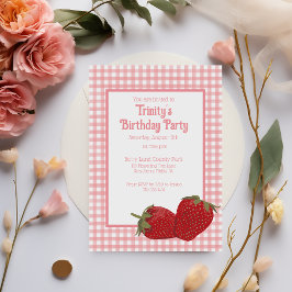 Convites Gingham rosa e morangos vermelhos
