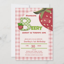Convites Gingham Rosa Morango Berry Primeiro Aniversário In
